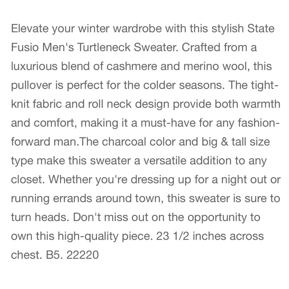 State Fusio Wool and Cashmere Blend NWT XXL  Men's Charcoal Gray Sweater Gift